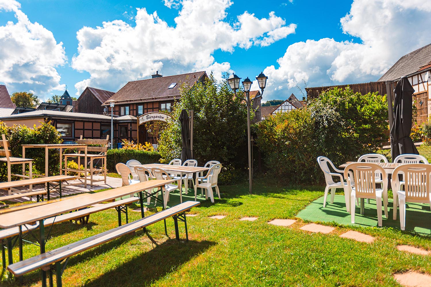 Image of the empty beer garden in full summer beauty